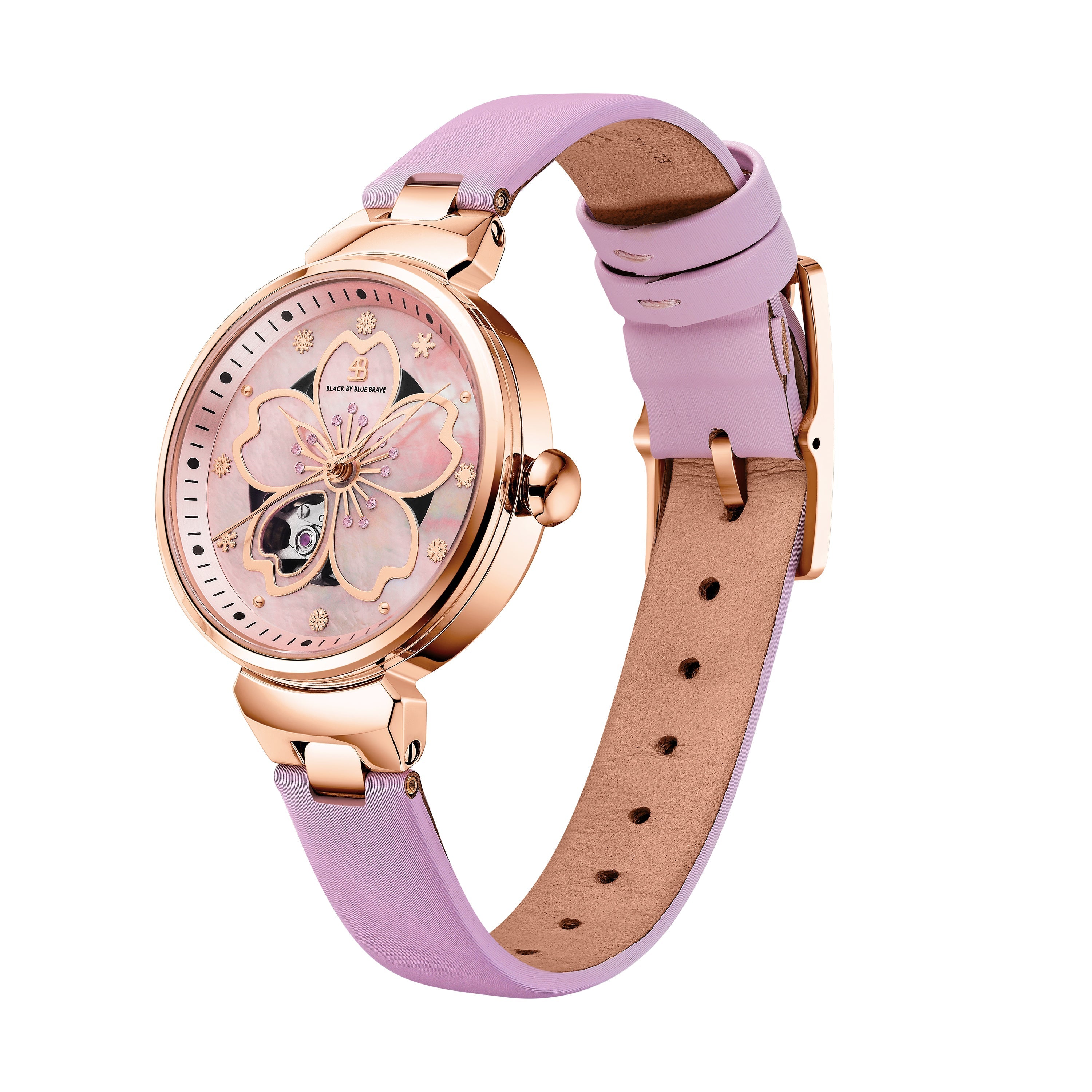 PINK CHERRY BLOSSOM 36MM AUTOMATIC WATCH & ROSEGOLD FLOWER NECKLACE & PINK CERAMIC