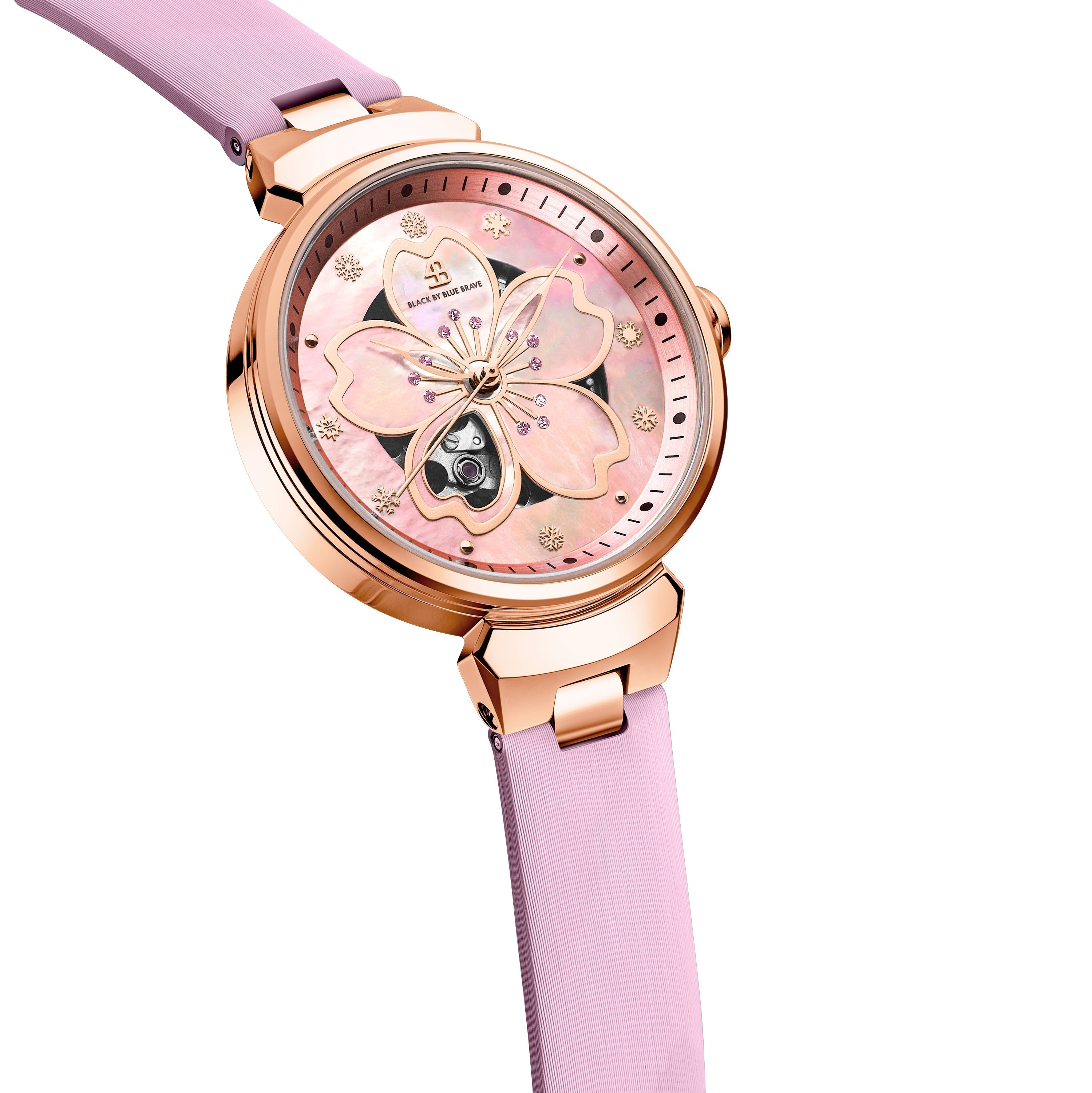 PINK CHERRY BLOSSOM 36MM AUTOMATIC WATCH & ROSEGOLD FLOWER NECKLACE & PINK CERAMIC