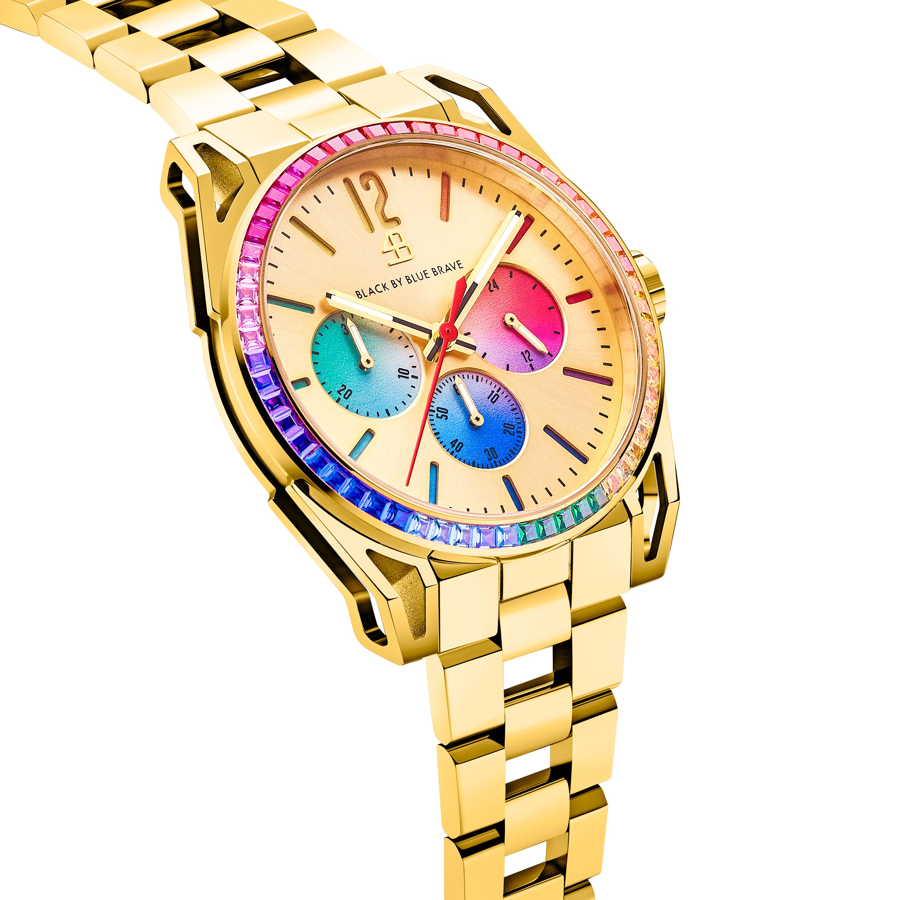 Love Wins 40mm Gold Chronograph Rainbow Zirconia Bracelet Watch