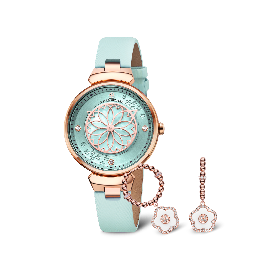 Blue Cherry Blossom Watch & Flower Ceramic Earrings