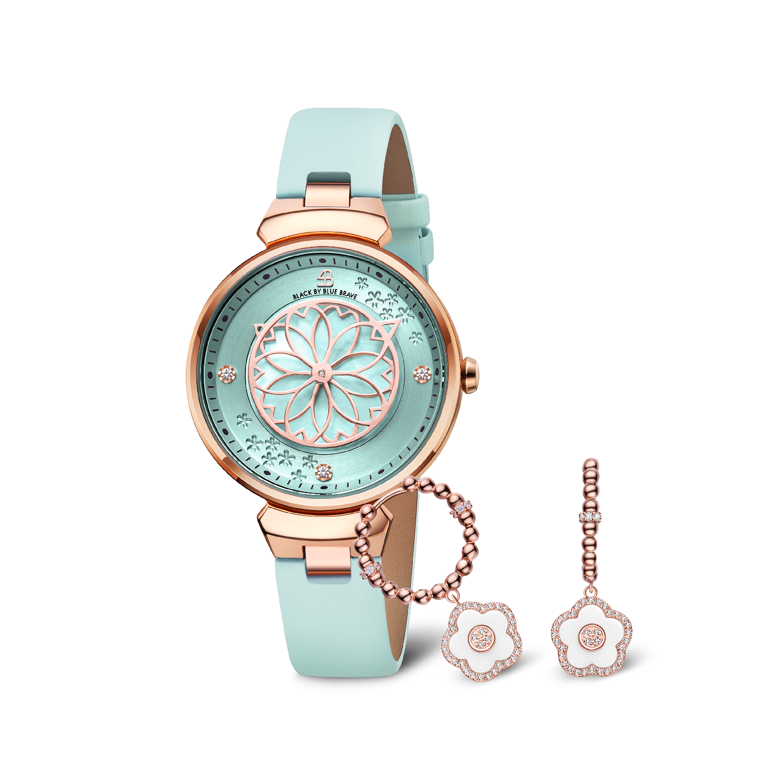 BLUE CHERRY BLOSSOM WATCH & FLOWER CERAMIC EARRINGS