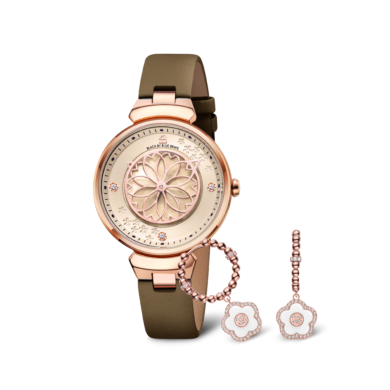 CHAMPAGNE CHERRY BLOSSOM WATCH & FLOWER CERAMIC EARRINGS