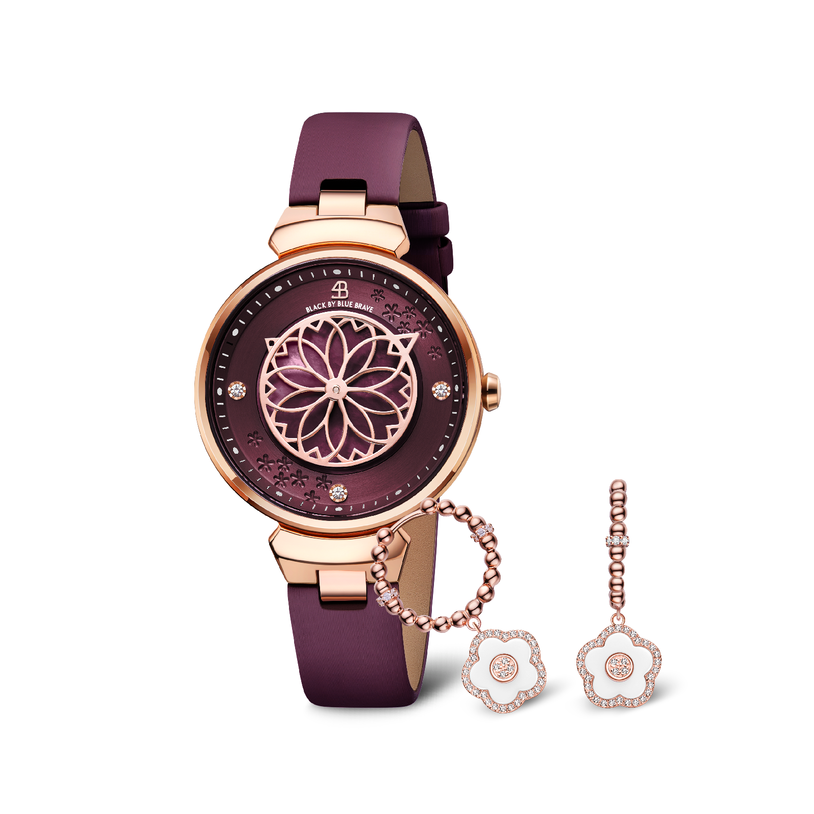 RUBY RED CHERRY BLOSSOM WATCH & FLOWER CERAMIC EARRINGS