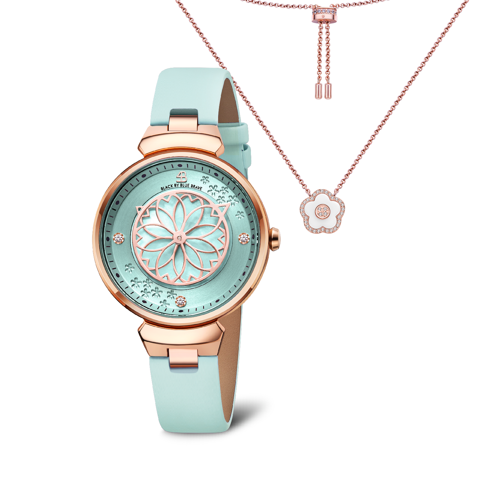 BLUE CHERRY BLOSSOM WATCH WITH FLOWER CERAMIC NECKLACE