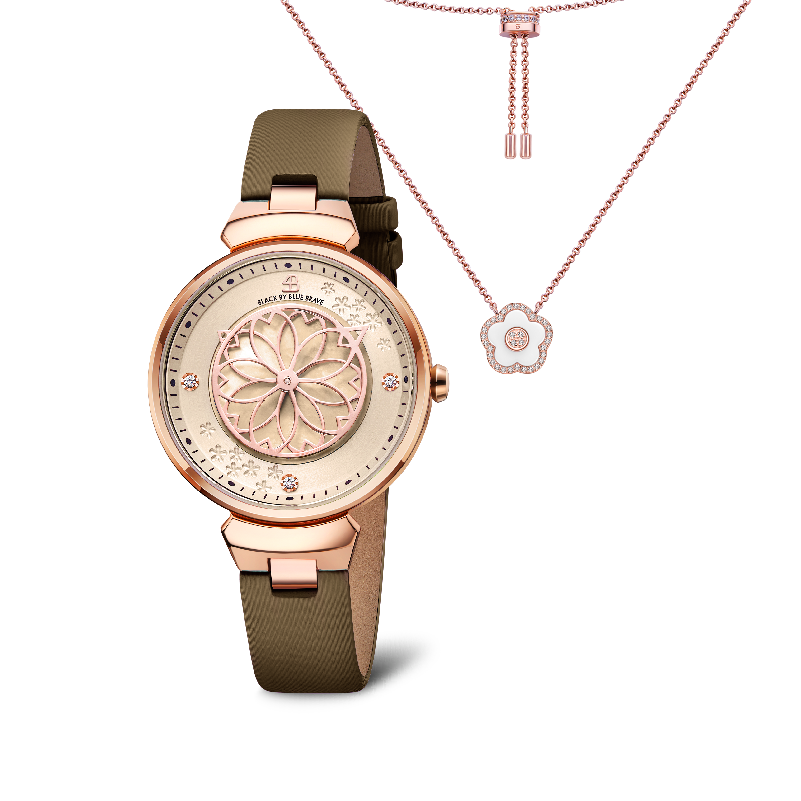 CHAMPAGNE CHERRY BLOSSOM WATCH WITH ROSEGOLD FLOWER NECKLACE & WHITE CERAMIC