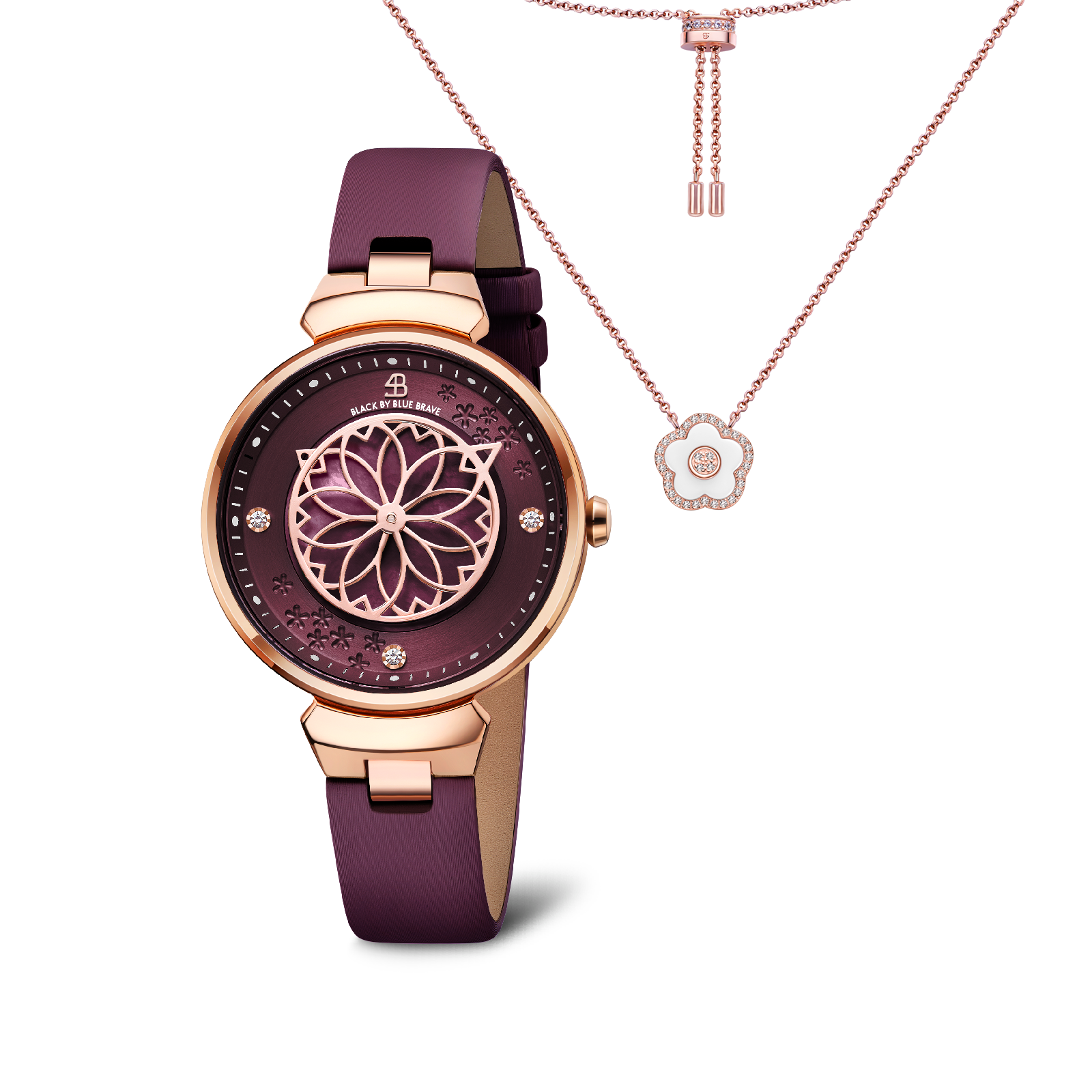 RUBY RED CHERRY BLOSSOM WATCH WITH ROSEGOLD FLOWER NECKLACE & WHITE CERAMIC