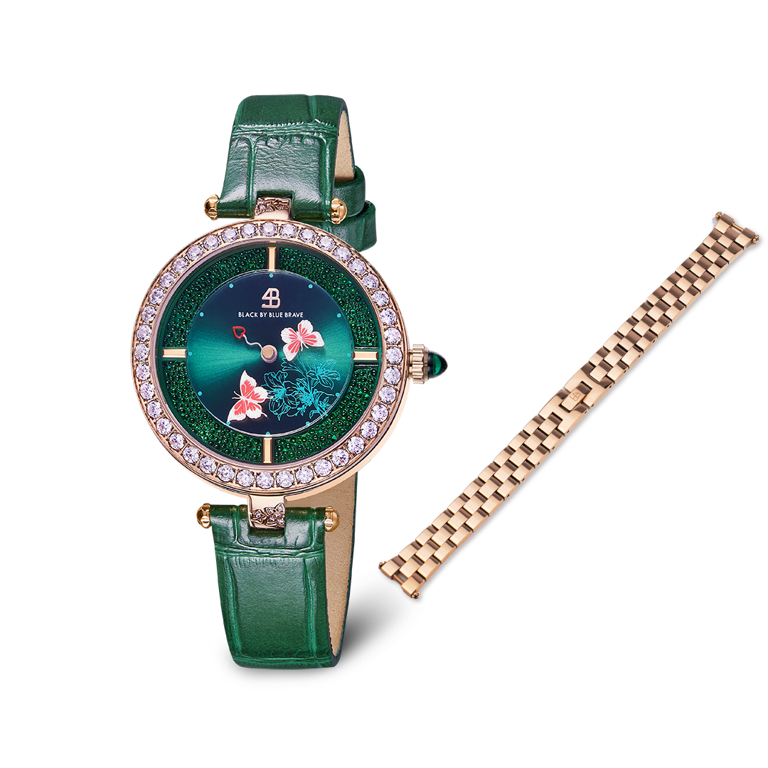 Butterfly Lovers 34mm Green Dial Leather Strap Watch & Rose Gold 3-Link Bracelet Strap