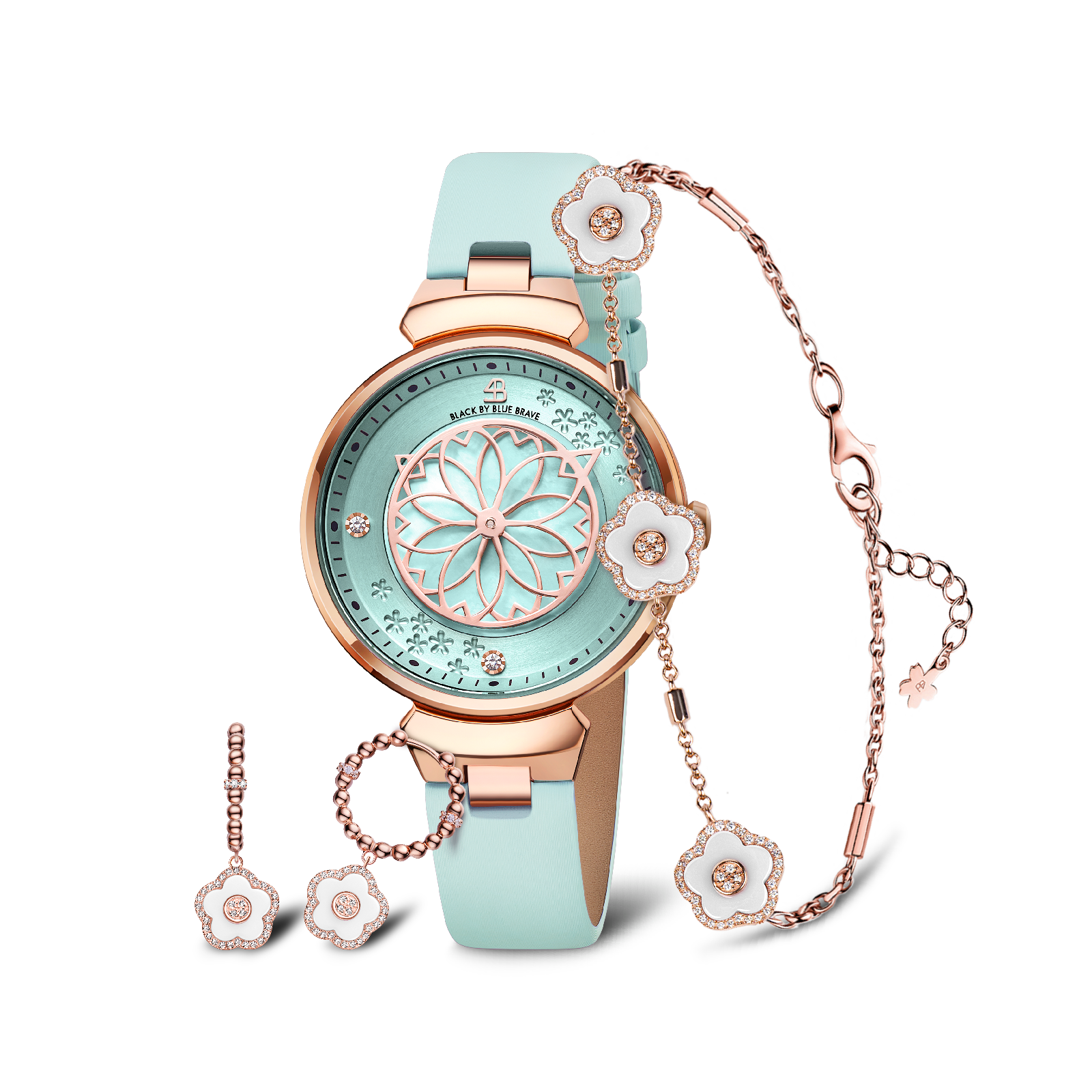 BLUE CHERRY BLOSSOM WATCH WITH FLOWER CERAMIC  JEWELLERIES（EARRINGS & BRACELET）