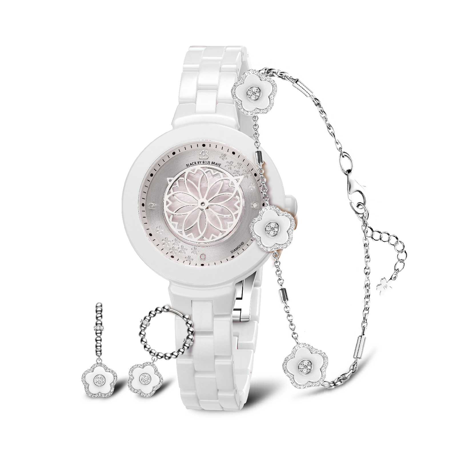 WHITE DIAMOND CHERRY BLOSSOM CERAMIC WATCH WITH FLOWER CERAMIC  JEWELLERIES（EARRINGS & BRACELET）