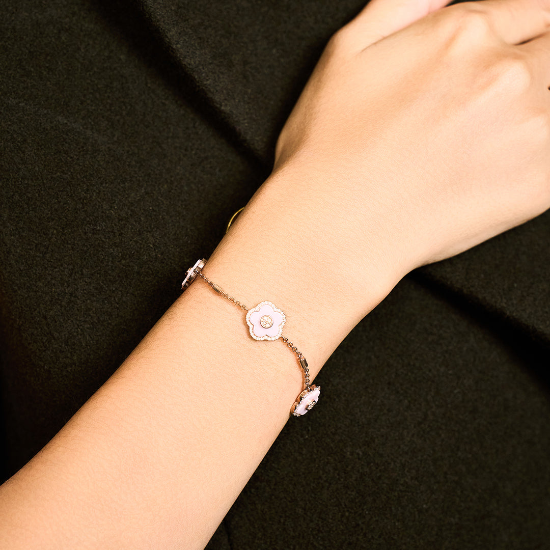 Cherry Blossom Ceramic Three Pink Ceramic Flowers Rosegold Bracelet 18K Rose Gold Plated