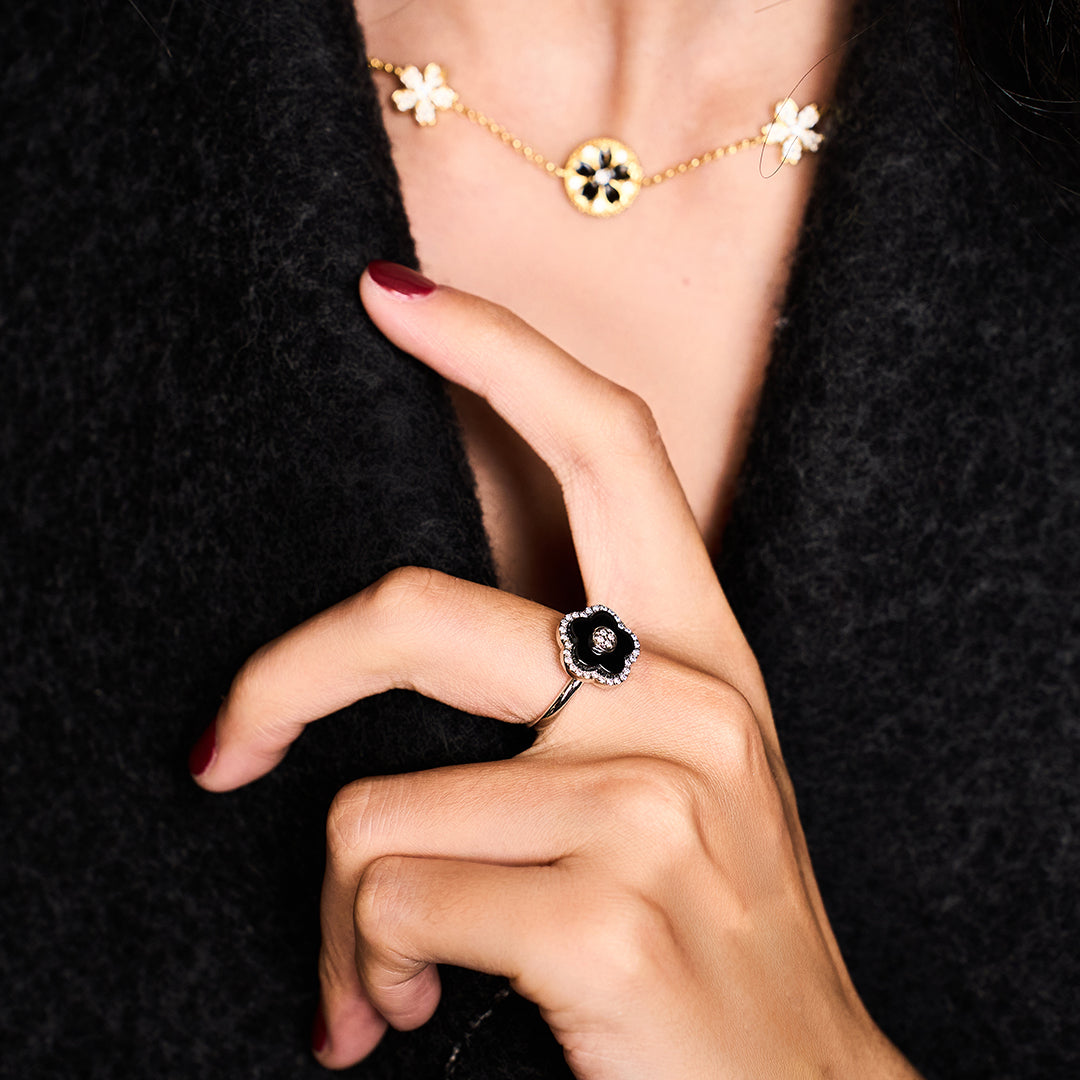 Cherry Blossom Ceramic Black Ceramic Flowers Silver Ring Silver Platinum Plated - BLACK BY BLUE BRAVE