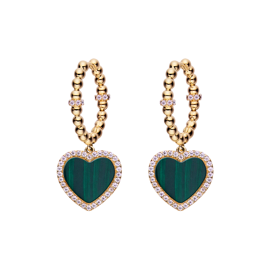 Love heart Earrings Brass 18K Gold Plating & Green Heart Malachite