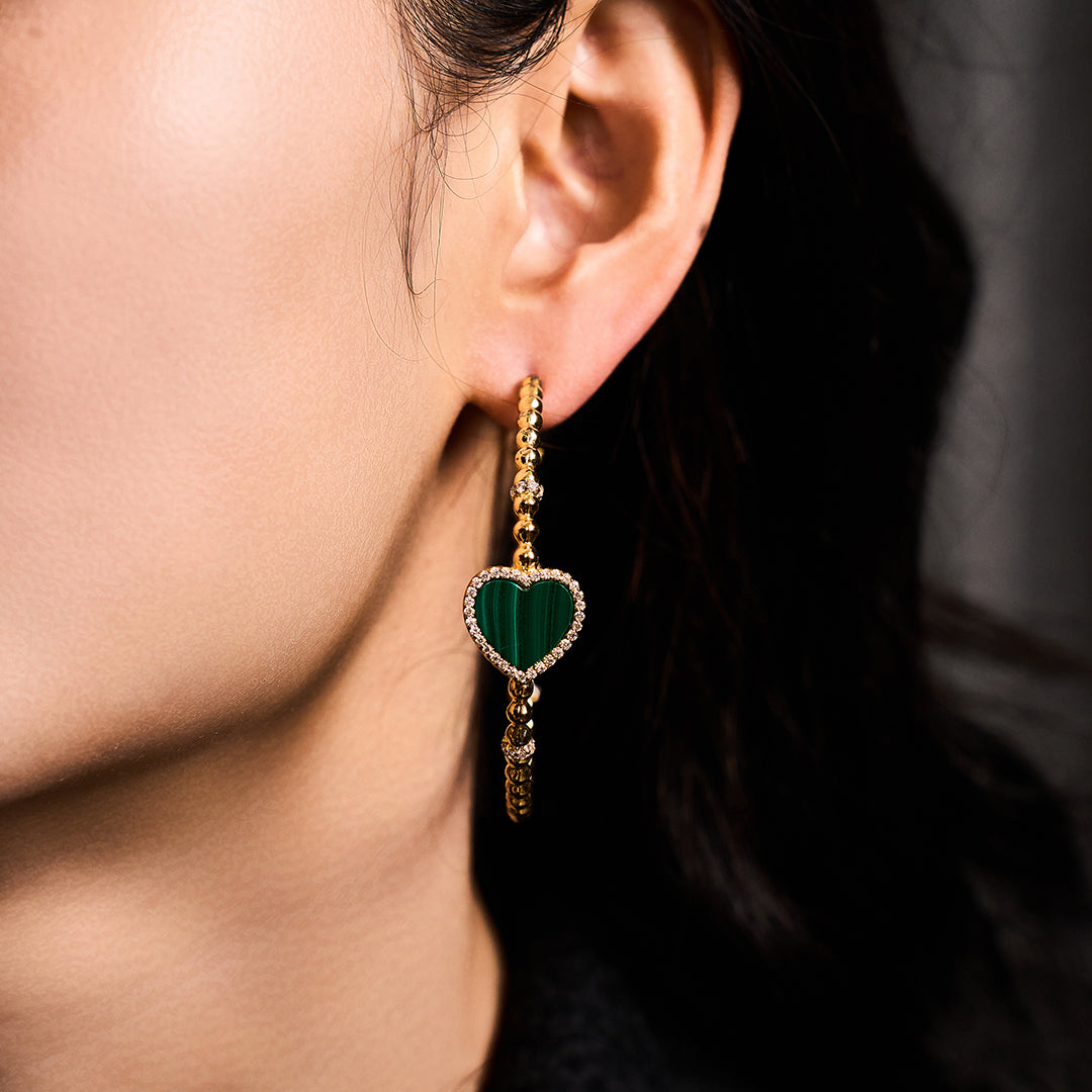 Love Heart Malachite Earrings 18K Gold Plated 45mm