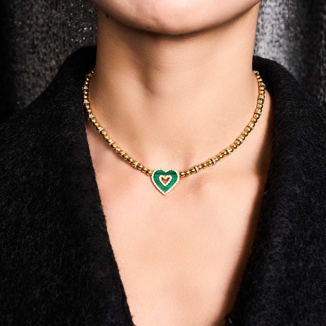 Love Heart Malachite Double Heart Necklace 18K Gold Plated