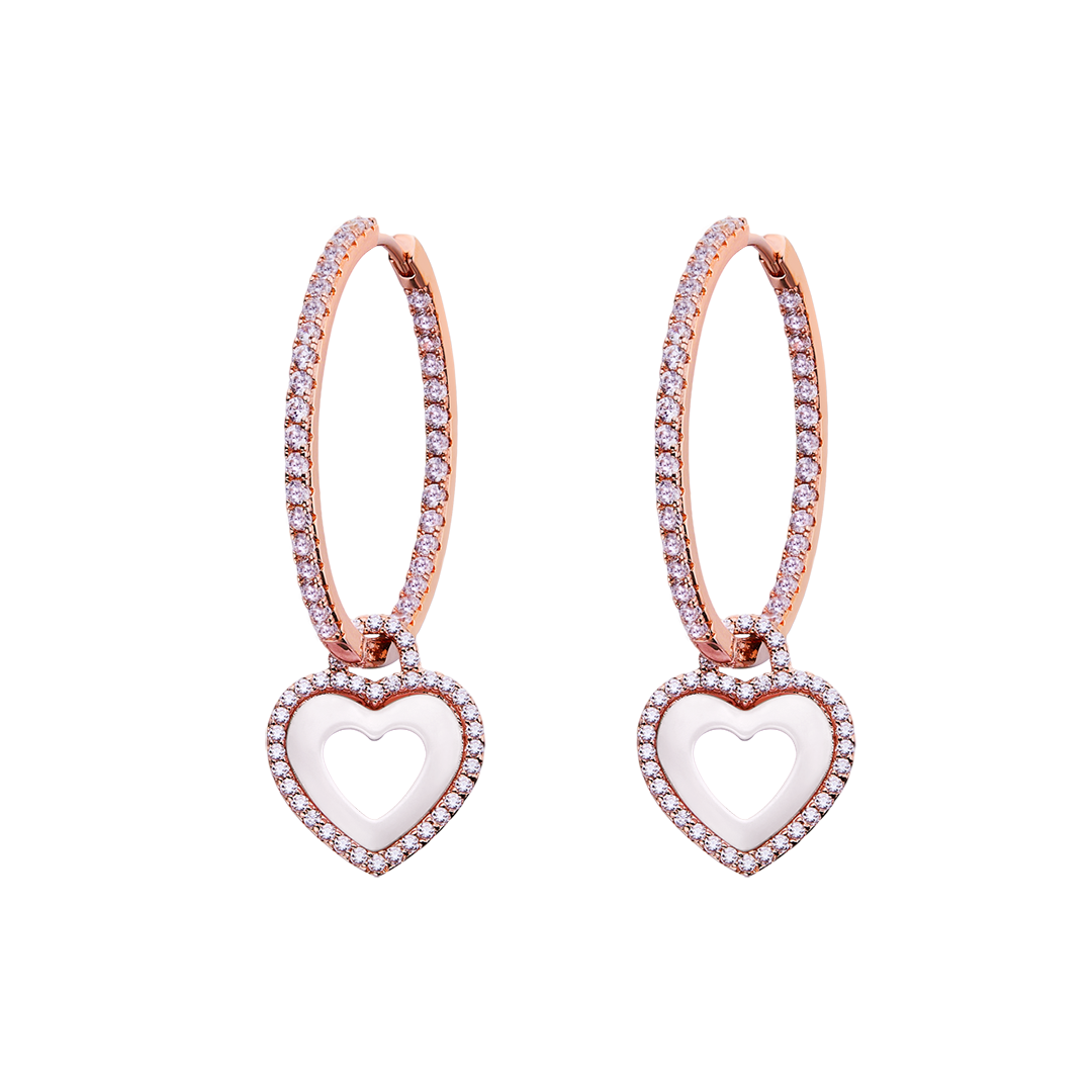 Love Heart Earrings Brass 18K Rose gold Plating & Pink/White Heart Ceramice