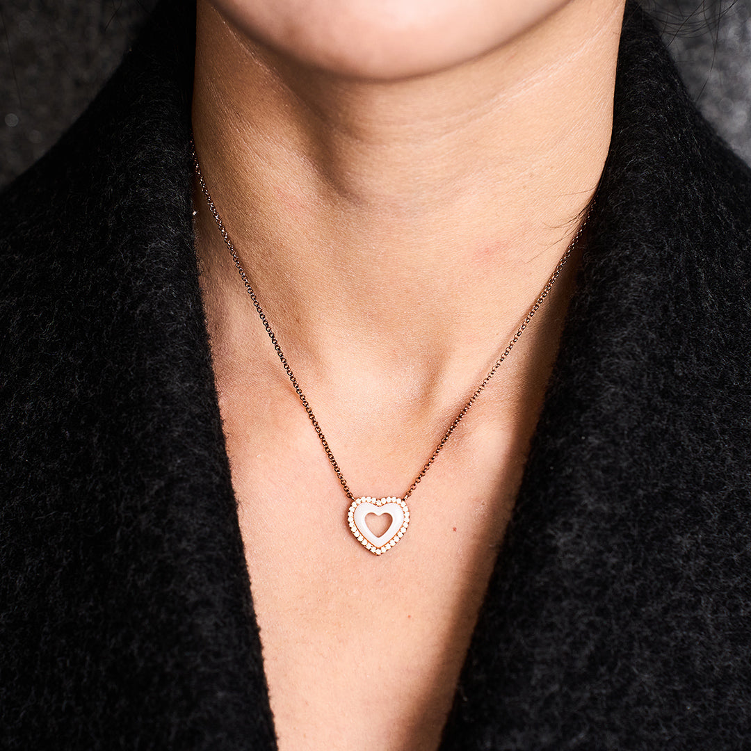 Love Heart White Ceramic Necklace 18K Rose Gold Plated
