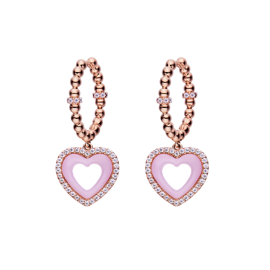 Love Heart Earrings Brass 18K Rose gold Plating & Pink/White Heart Ceramice