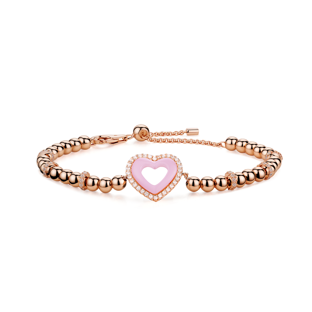 Love Heart Bracelet Brass 18K Rose gold Plating & Pink/White Heart Ceramice