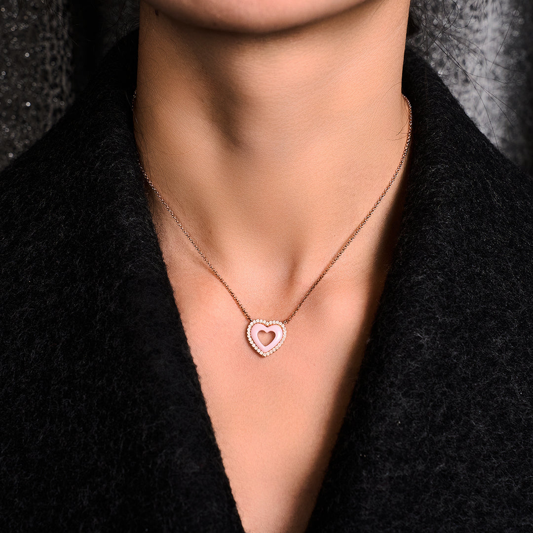 Love Heart Pink Ceramic Necklace 18K Rose Gold Plated