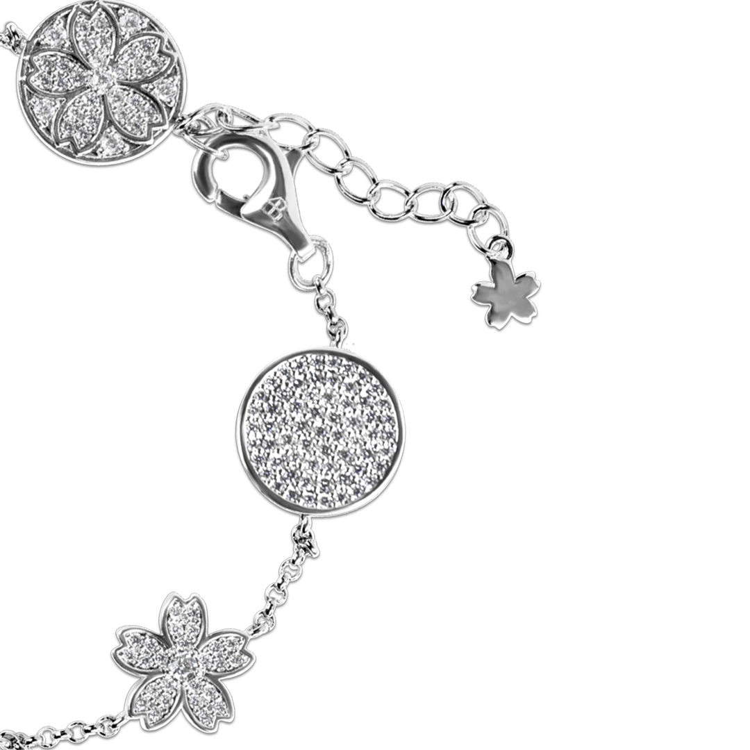 Cherry Blossom Symphony Pavé 7-Flower Zirconia Silver Station Bracelet (Platinum Plated)