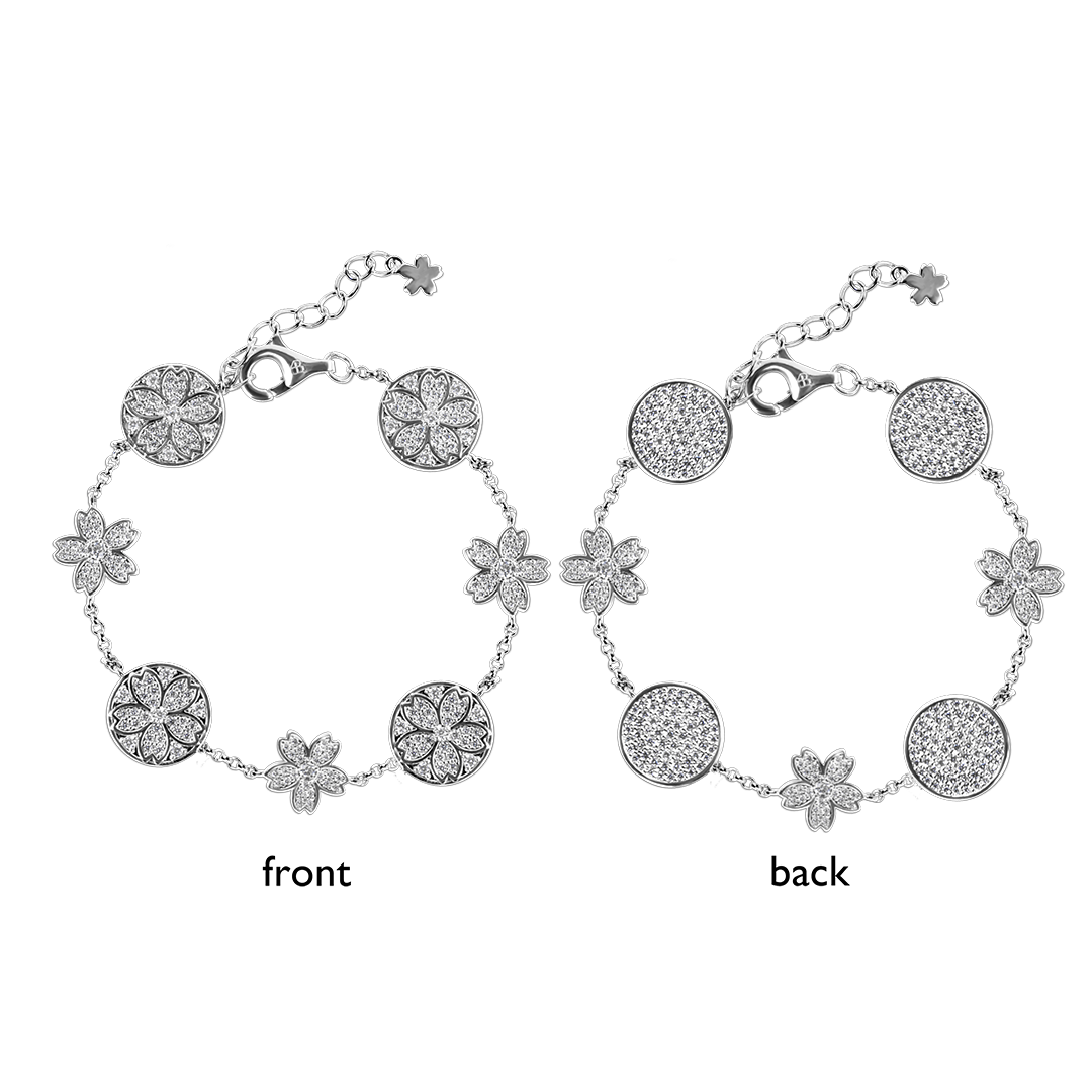 Cherry Blossom Symphony Pavé 7-Flower Zirconia Silver Station Bracelet (Platinum Plated)