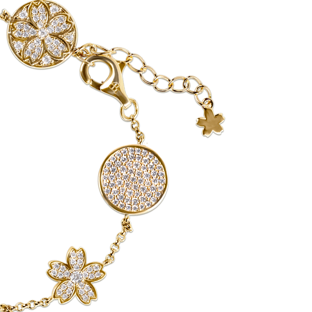 Cherry Blossom Symphony Pavé 7-Flower Zirconia Gold Station Bracelet (18K Gold Plated)