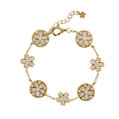 Cherry Blossom Symphony Pavé 7-Flower Zirconia Gold Station Bracelet (18K Gold Plated)