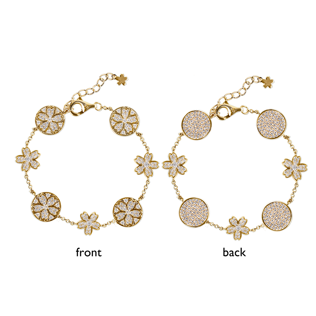 Cherry Blossom Symphony Pavé 7-Flower Zirconia Gold Station Bracelet (18K Gold Plated)