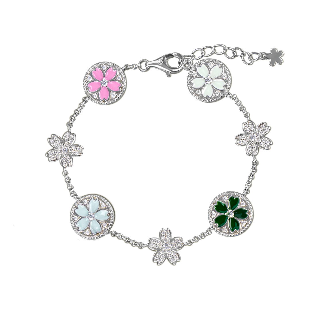 Cherry Blossom Symphony Enamel 7-Flower Silver Bracelet (Platinum Plated)