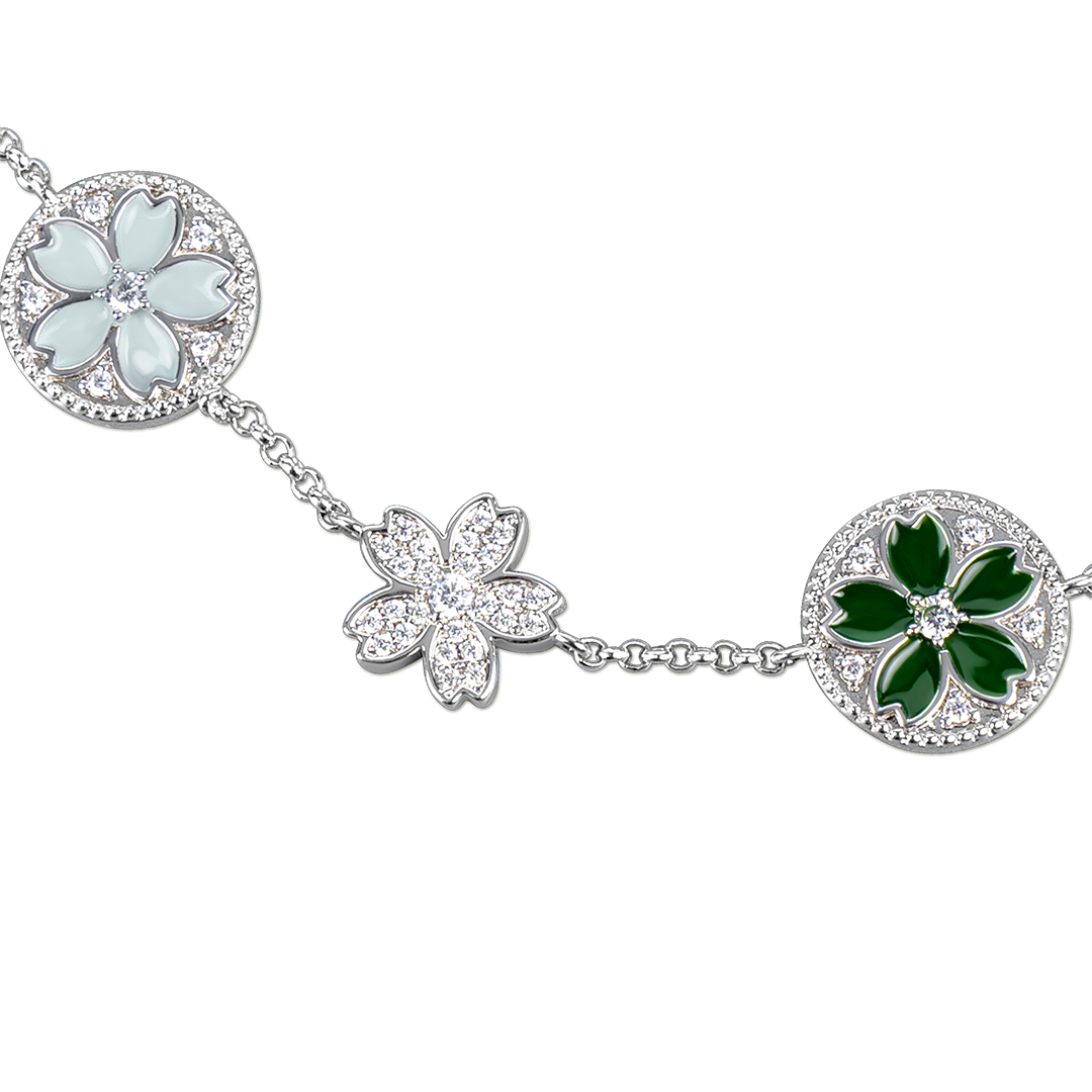 Cherry Blossom Symphony Enamel 7-Flower Silver Bracelet (Platinum Plated)