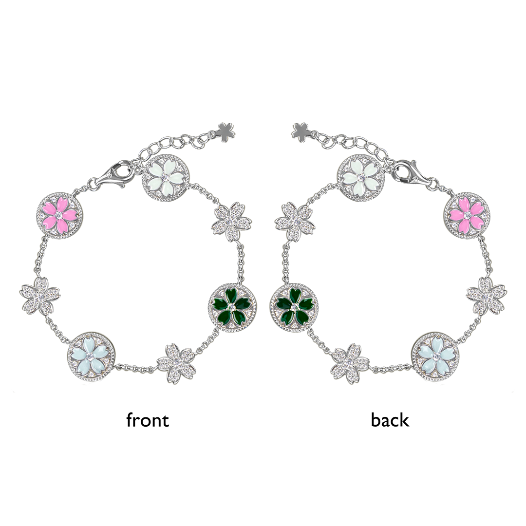 Cherry Blossom Symphony Enamel 7-Flower Silver Bracelet (Platinum Plated)