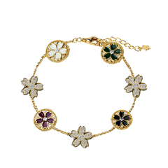 Cherry Blossom Symphony Enamel 7-Flower Gold Bracelet (18K Gold Plated)