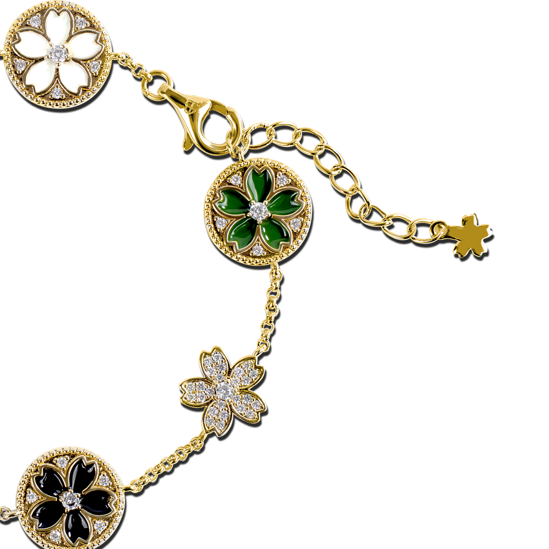 Cherry Blossom Symphony Enamel 7-Flower Gold Bracelet (18K Gold Plated)