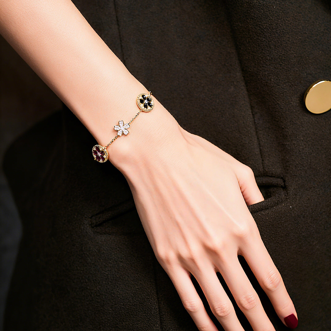 Cherry Blossom Symphony Enamel 7-Flower Gold Bracelet (18K Gold Plated)
