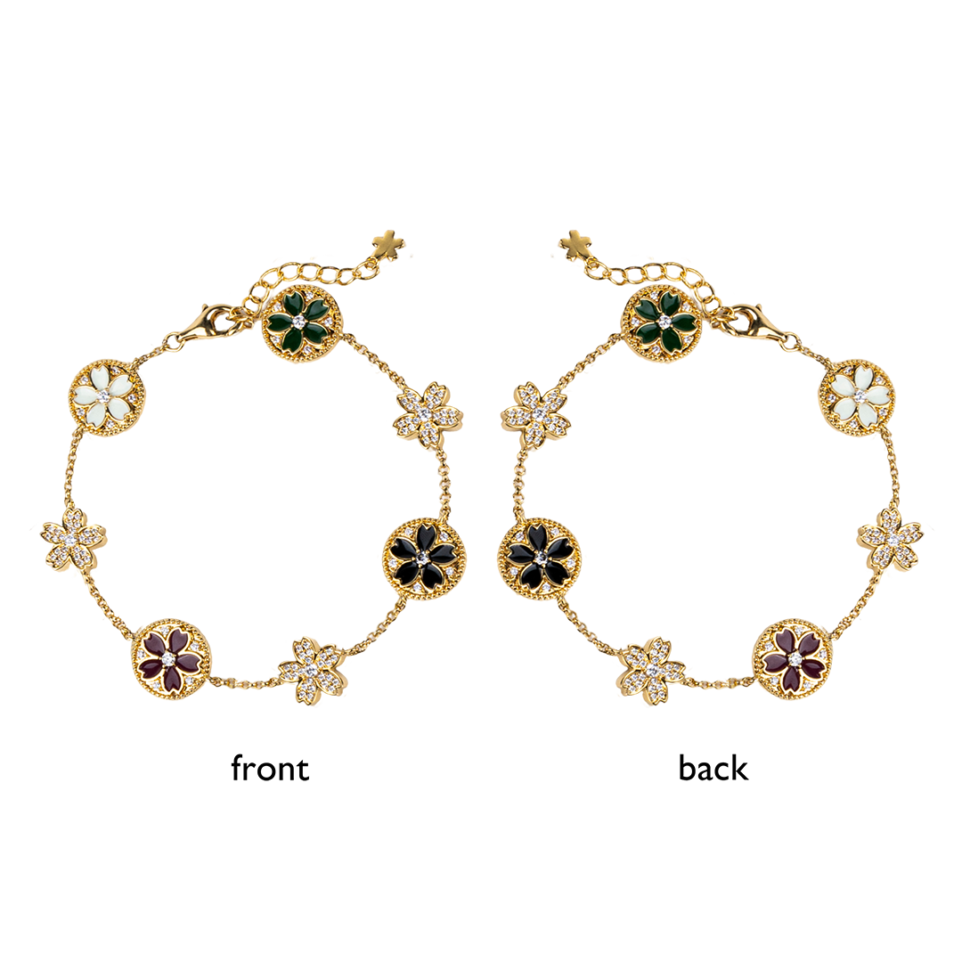 Cherry Blossom Symphony Enamel 7-Flower Gold Bracelet (18K Gold Plated)