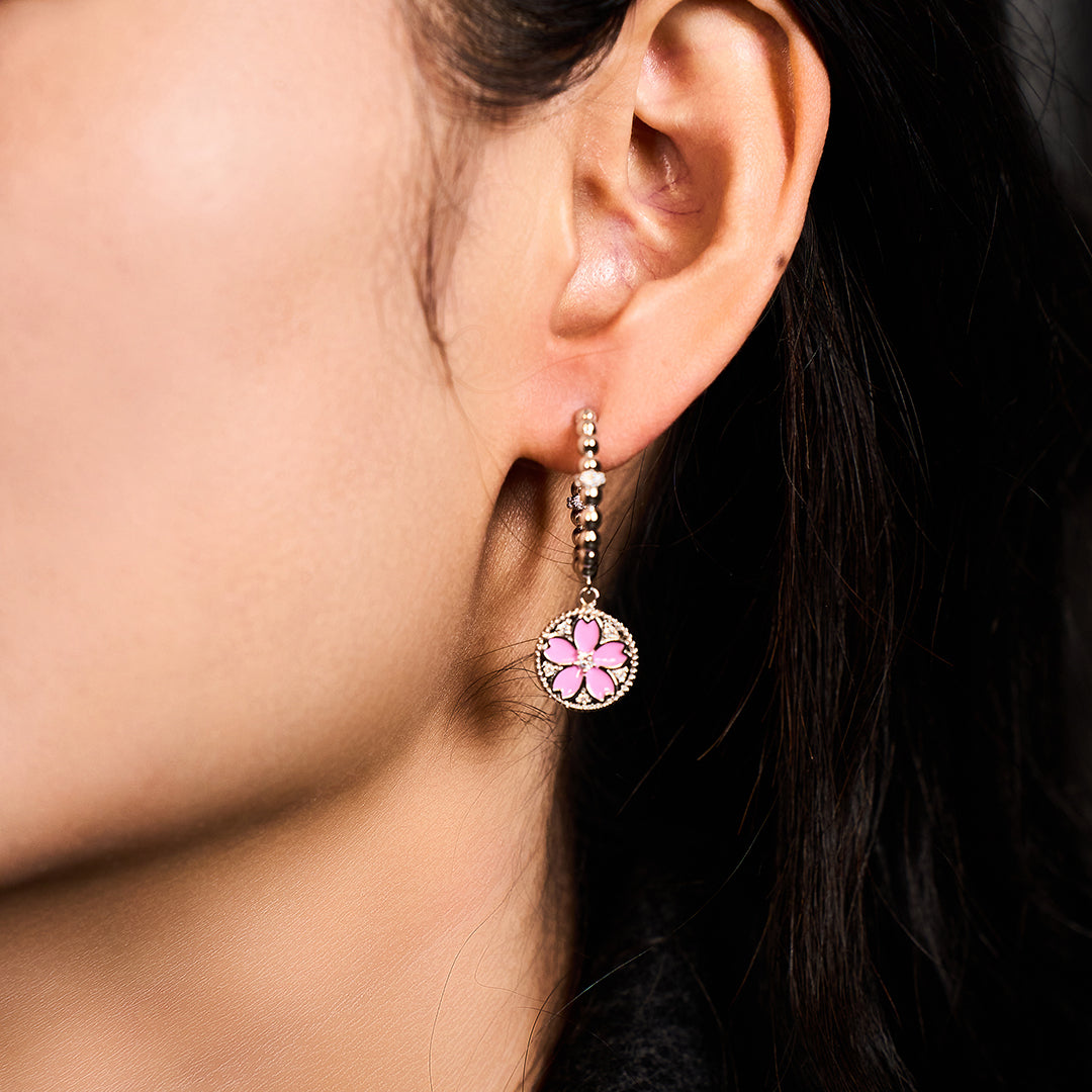 Cherry Blossom Symphony Pink & Blue Enamel Silver Earrings (Platinum Plated)