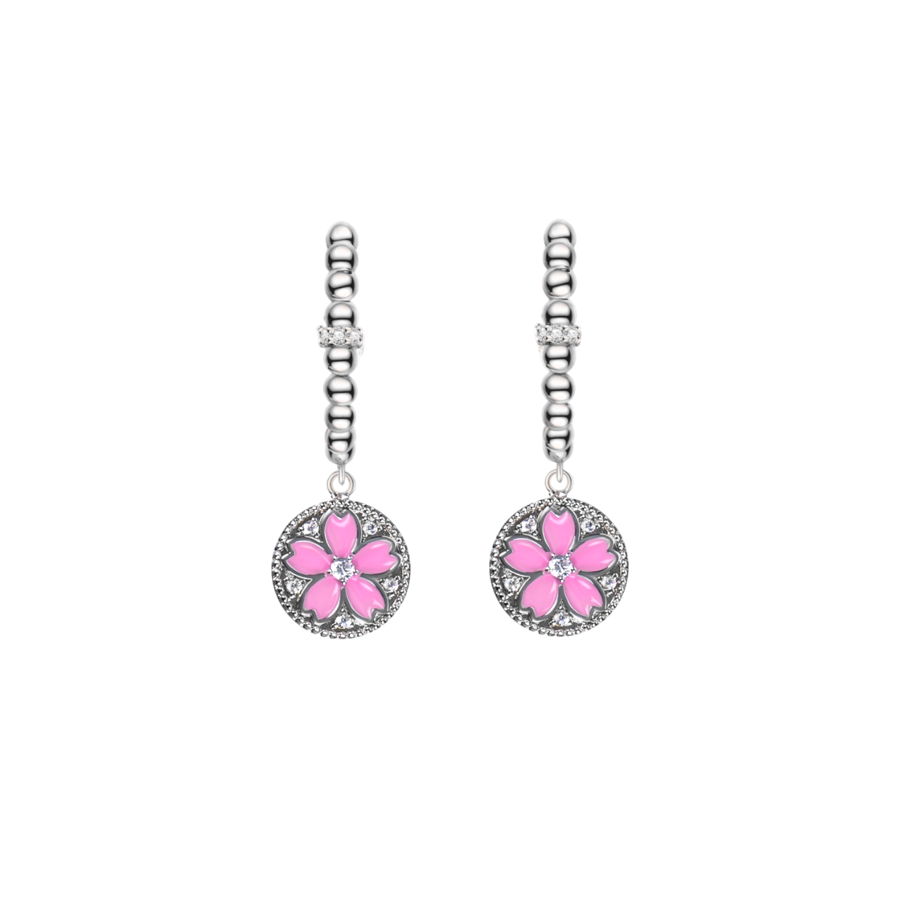 Cherry Blossom Symphony Pink & Blue Enamel Silver Earrings (Platinum Plated)