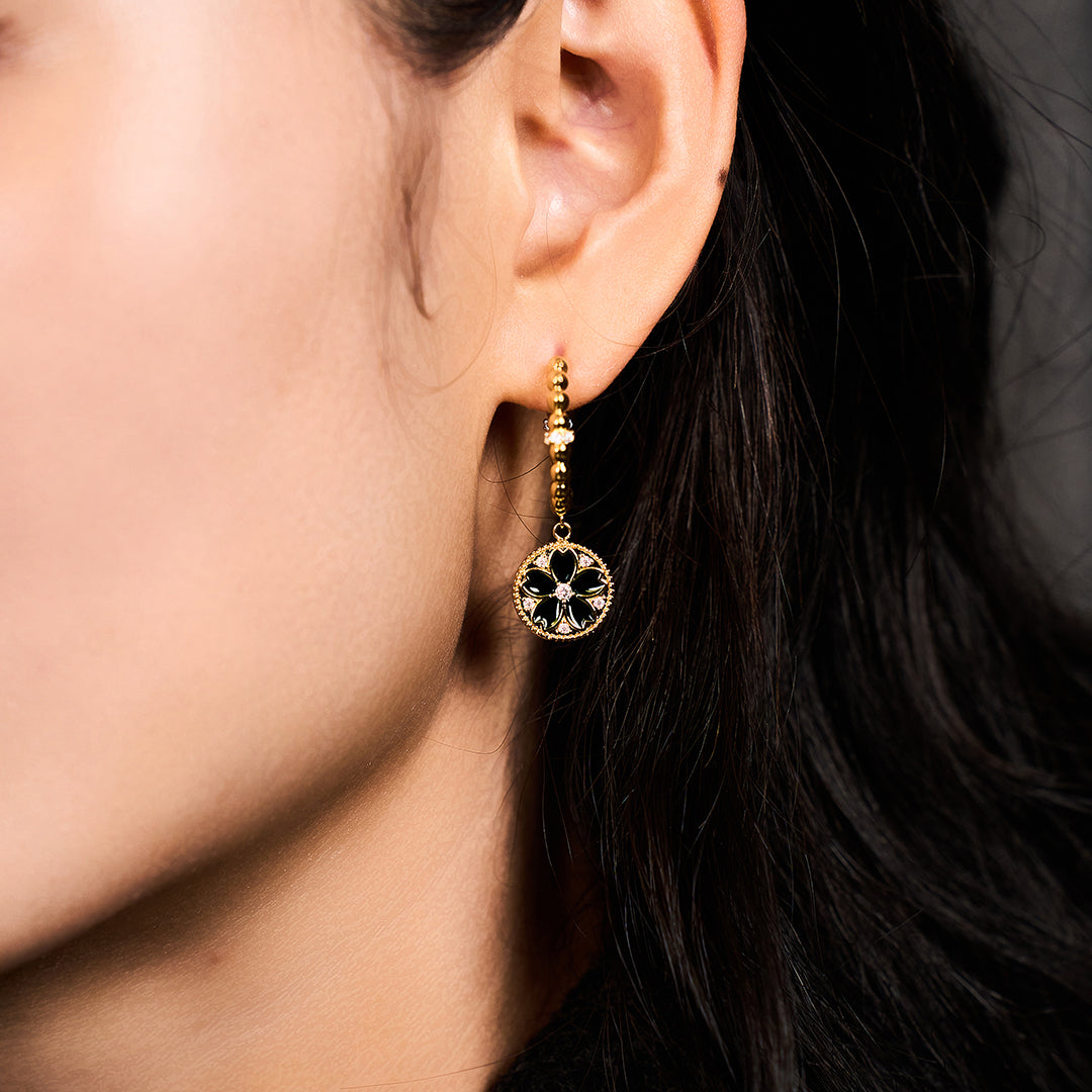 Cherry Blossom Symphony Green & Black Enamel Gold Earrings (18K Gold Plated)