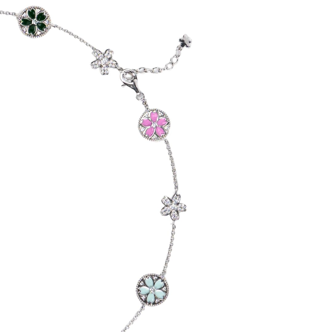 Cherry Blossom Symphony Enamel 14-Flower Sakura Silver Necklace (Platinum Plating)