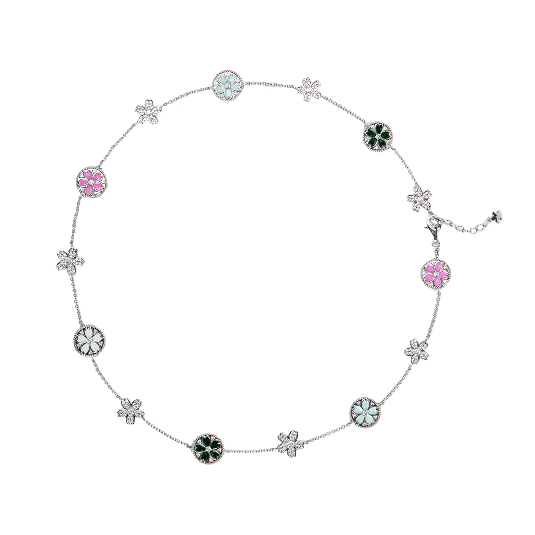 Cherry Blossom Symphony Enamel 14-Flower Sakura Silver Necklace (Platinum Plating)