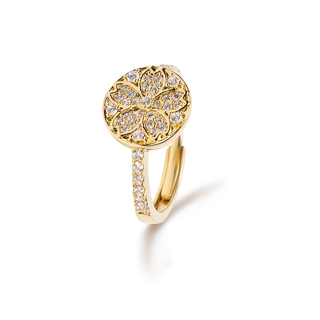 Cherry Blossom Symphony Pavé Sakura Gold Adjustable Ring (18K Gold Plated)
