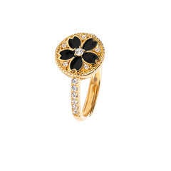 Cherry Blossom Symphony Black Enamel Sakura Adjustable Ring (18K Gold Plated)