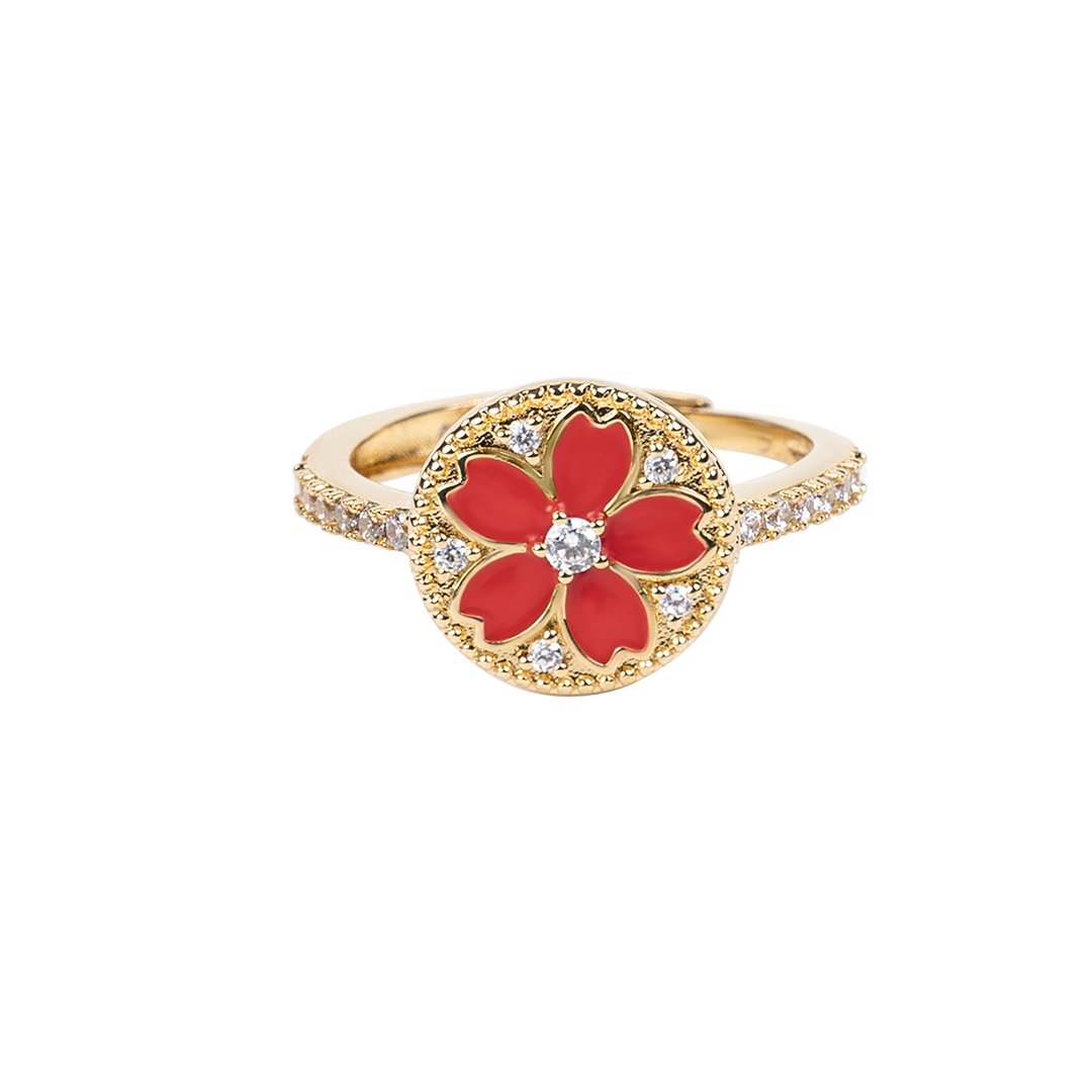 Cherry Blossom Symphony Red Enamel Sakura Adjustable Ring (18K Gold Plated)