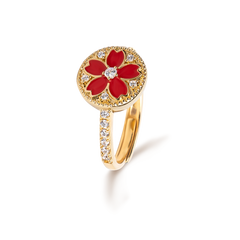 Cherry Blossom Symphony Red Enamel Sakura Adjustable Ring (18K Gold Plated)