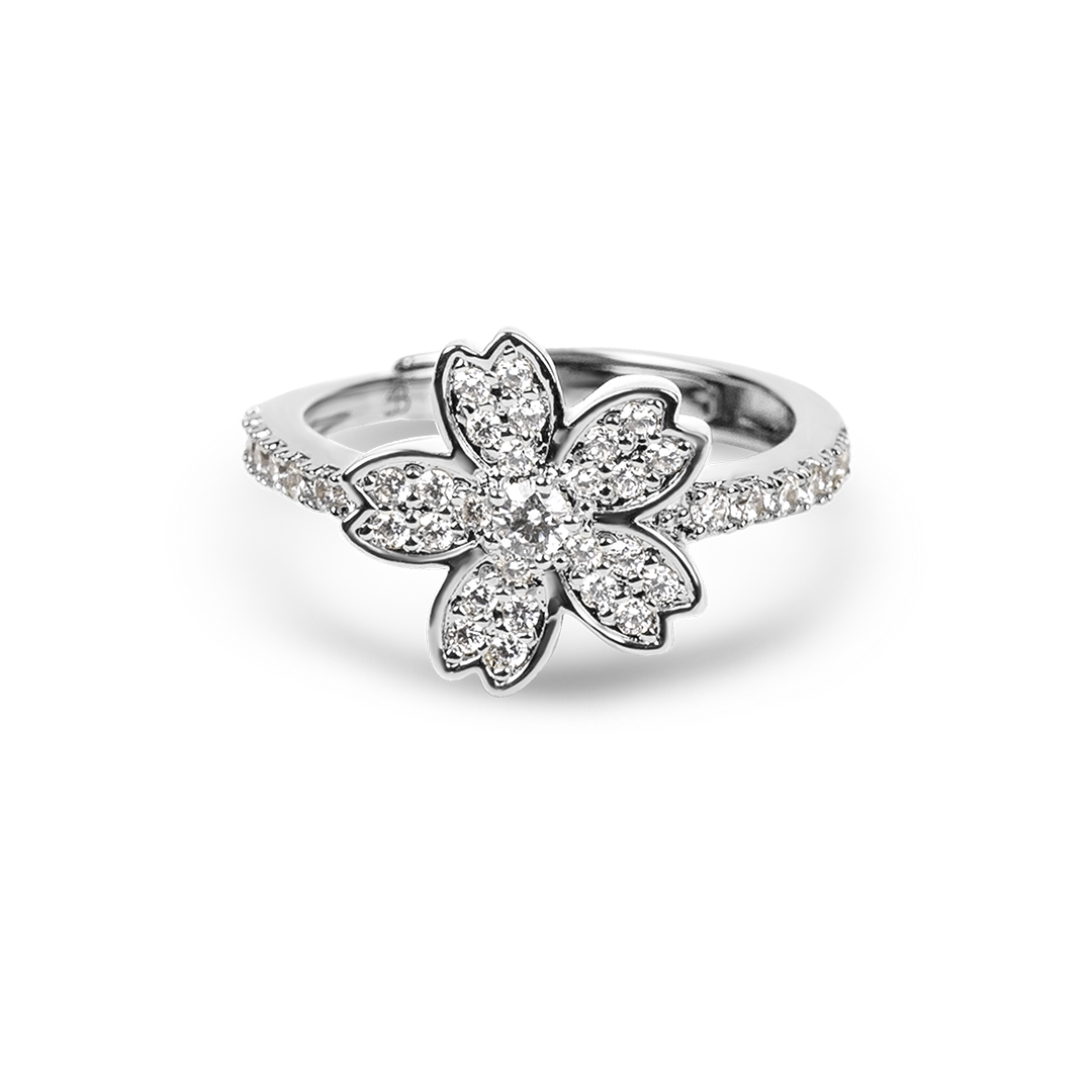 Cherry Blossom Symphony Sliver Sakura Adjustable Ring (Platinum Plated)