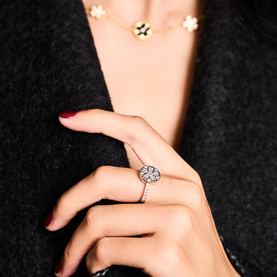 Cherry Blossom Symphony Pavé Sakura Sliver Adjustable Ring (Platinum Plated)