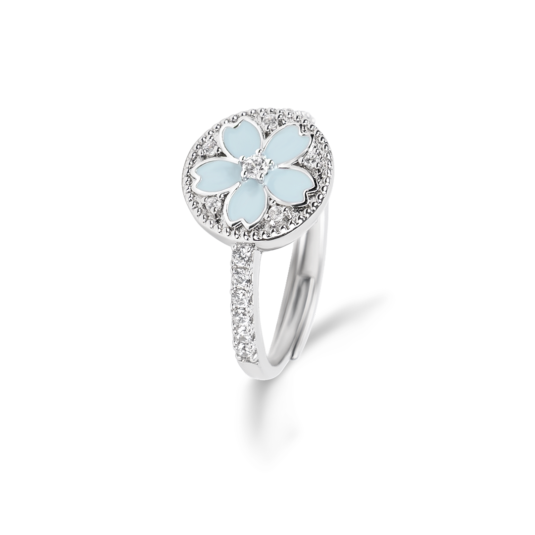 Cherry Blossom Symphony Blue Enamel Sakura Adjustable Ring (Platinum Plated)