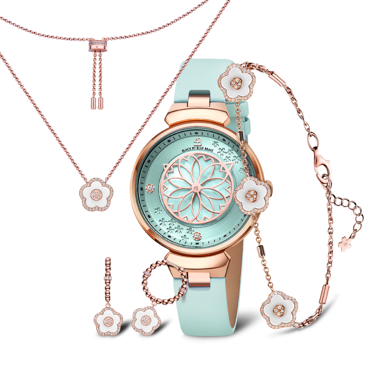 BLUE CHERRY BLOSSOM WATCH WITH FLOWER CERAMIC  JEWELLERIES（EARRINGS & BRACELET & NECKLACE）