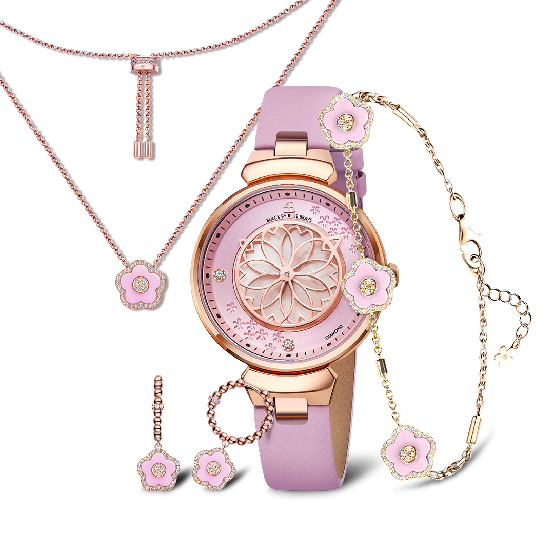 Pink Cherry Blossom Diamond Watch With Flower Ceramic Jewelleries (Earrings & Bracelet & Necklace)