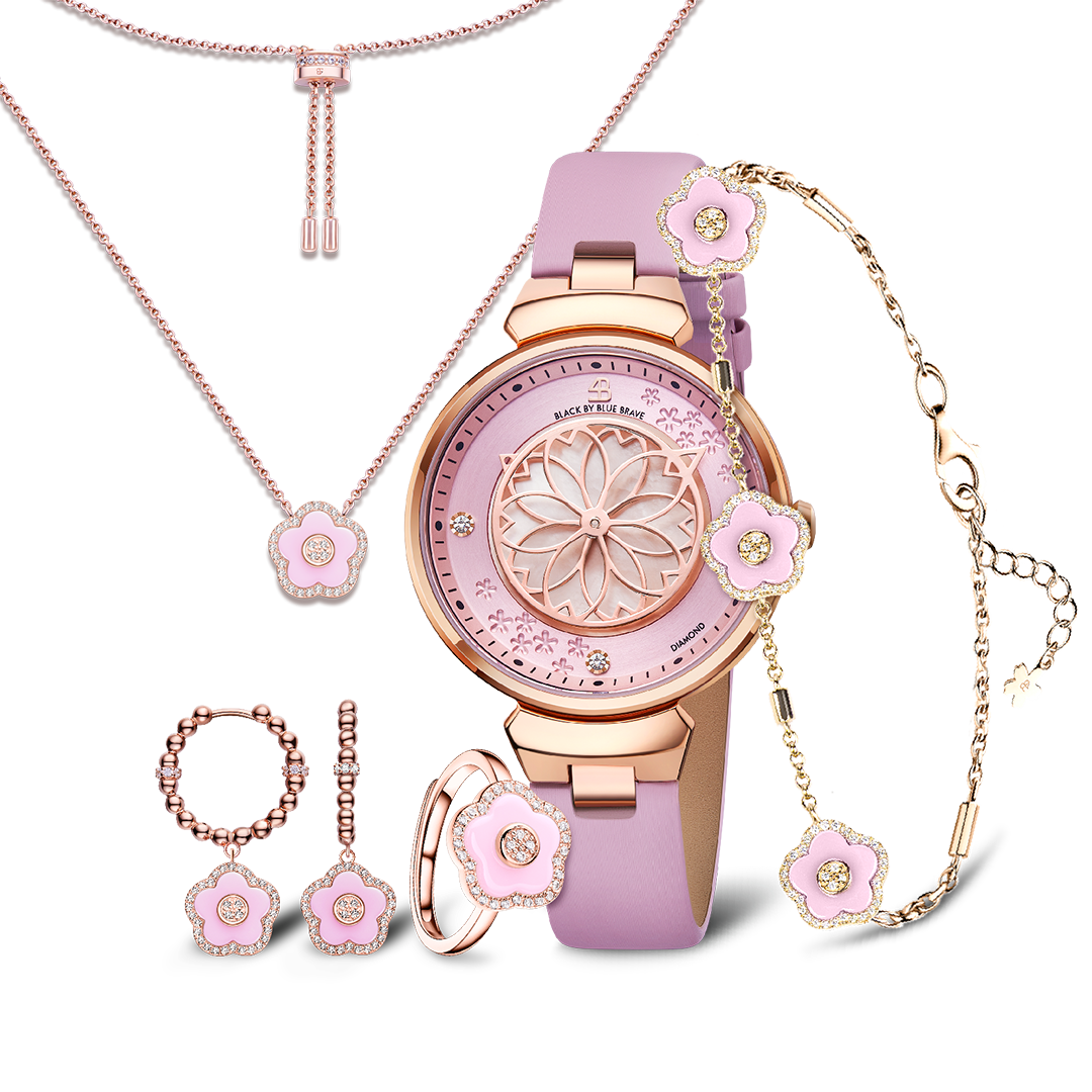 Cherry Blossom Diamond Watch + Flower Ceramic Earrings & Ring & Necklace & Bracelet Set